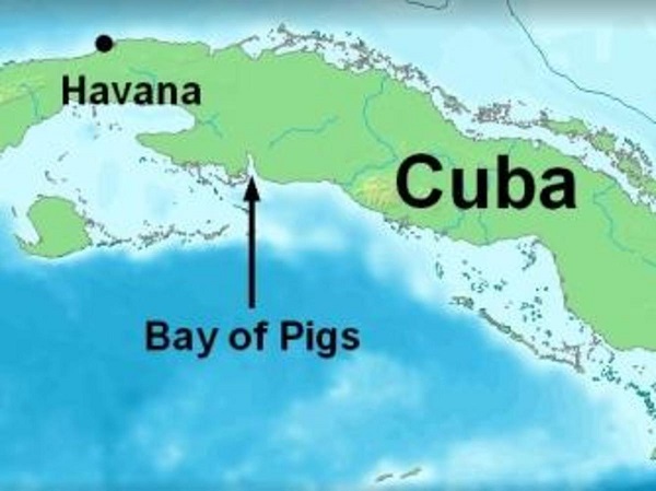 A map of cuba with the bay of pigs signaled