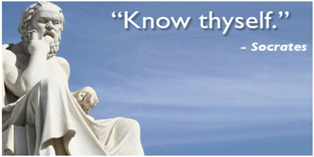 statue of socrates thinking and the frase 'know thy self' signed socrates writen in the background